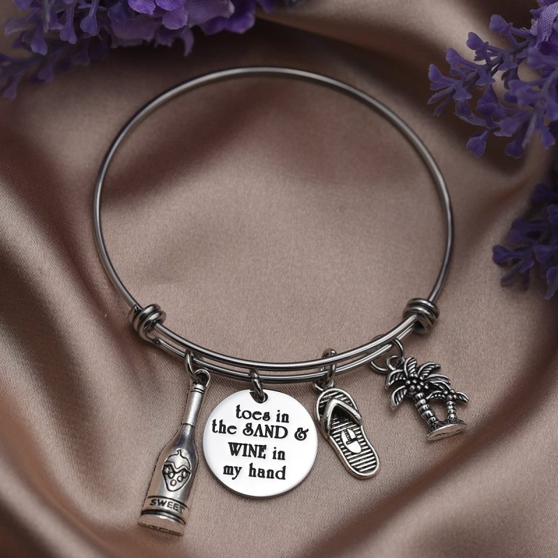 LParkin Summer Bracelets Toes in The Sand Wine in My Hand Beach Wine Charm Bracelet Jewelry Ocean Beach Lover Bangle Beach Gifts for Women Friends