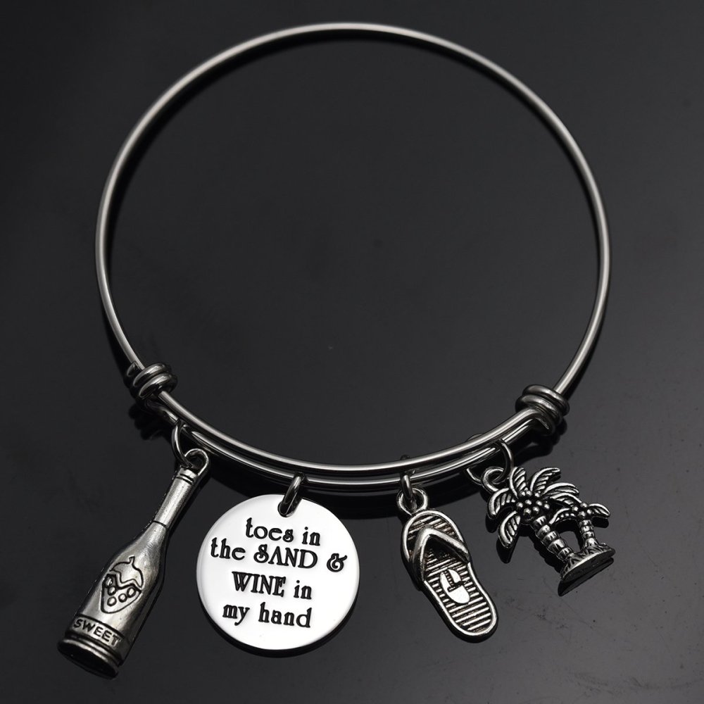 LParkin Summer Bracelets Toes in The Sand Wine in My Hand Beach Wine Charm Bracelet Jewelry Ocean Beach Lover Bangle Beach Gifts for Women Friends