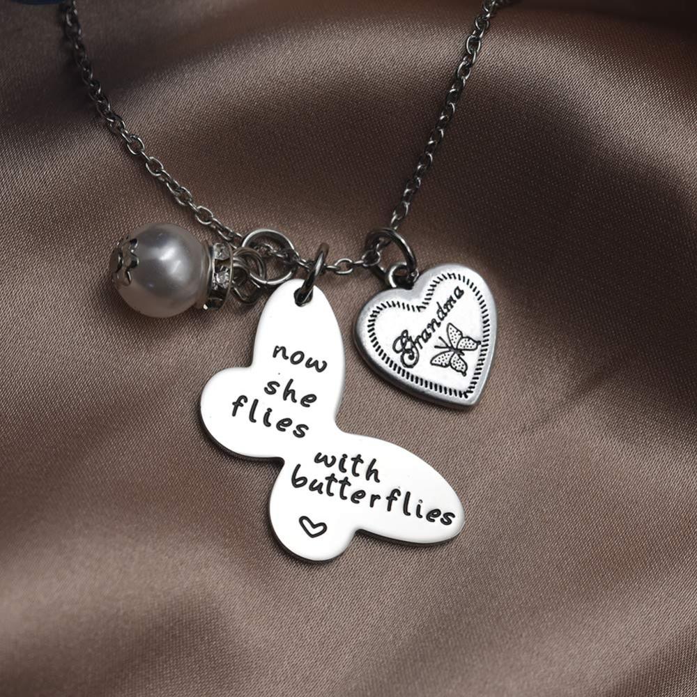 LParkin Sympathy Gift Butterfly Necklace Now She Flies with Butterflies Memory Necklace in Memory of Necklaces Remembrance Gift for Loss of a Loved On