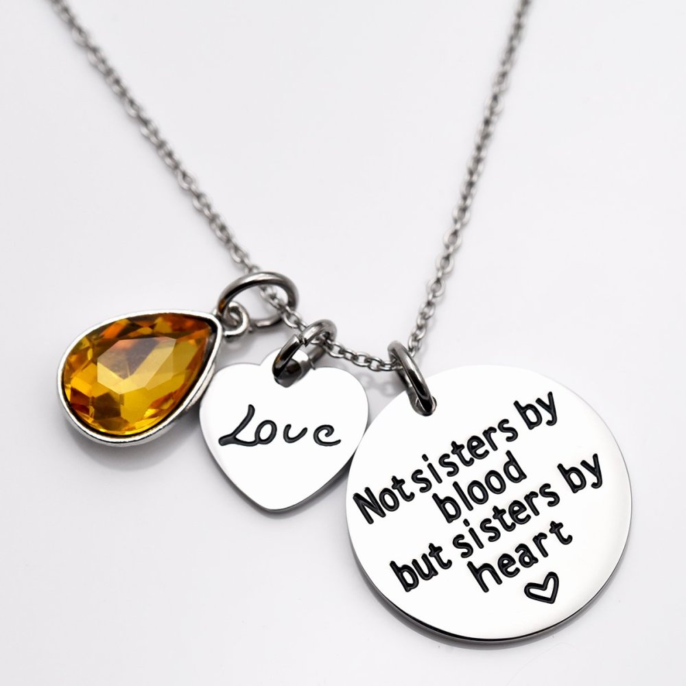 LParkin Not Sister by Blood But Sisters by Heart Necklace Birthstone Heart Necklace