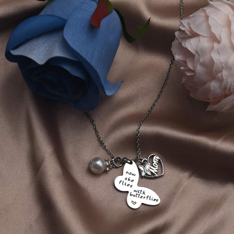 LParkin Sympathy Gift Butterfly Necklace Now She Flies with Butterflies Memory Necklace in Memory of Necklaces Remembrance Gift for Loss of a Loved On