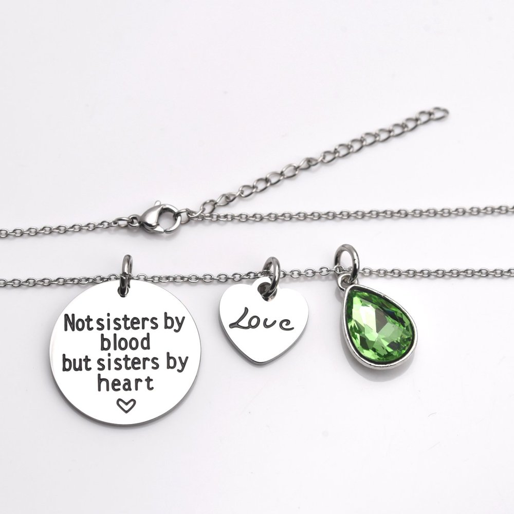 LParkin Not Sister by Blood But Sisters by Heart Necklace Birthstone Heart Necklace
