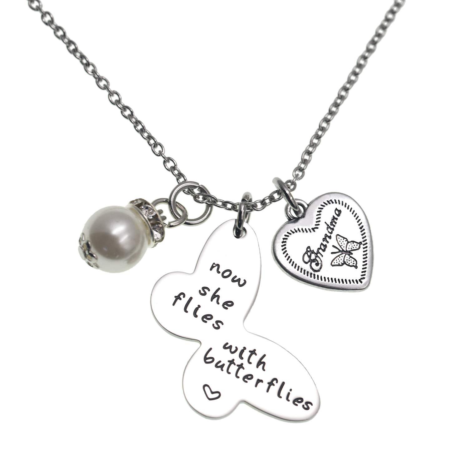 LParkin Sympathy Gift Butterfly Necklace Now She Flies with Butterflies Memory Necklace in Memory of Necklaces Remembrance Gift for Loss of a Loved On