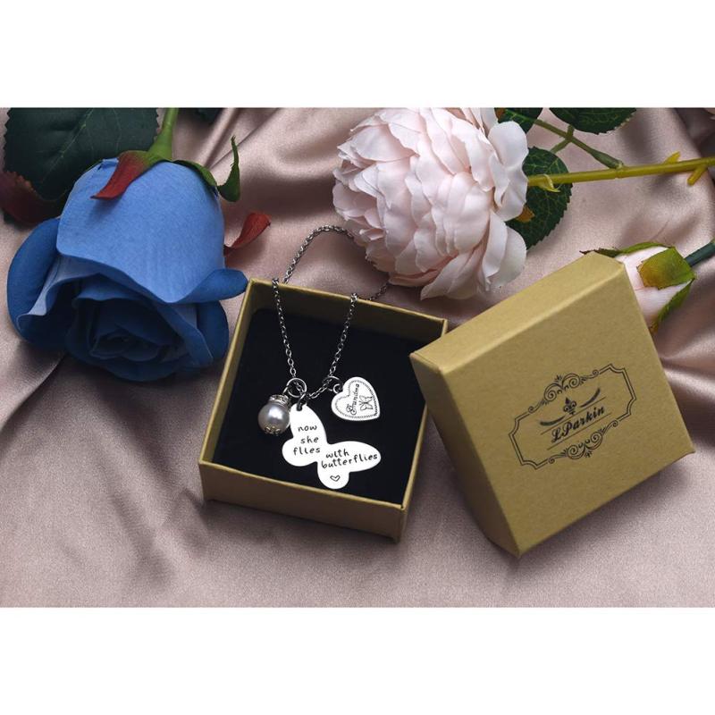 LParkin Sympathy Gift Butterfly Necklace Now She Flies with Butterflies Memory Necklace in Memory of Necklaces Remembrance Gift for Loss of a Loved On