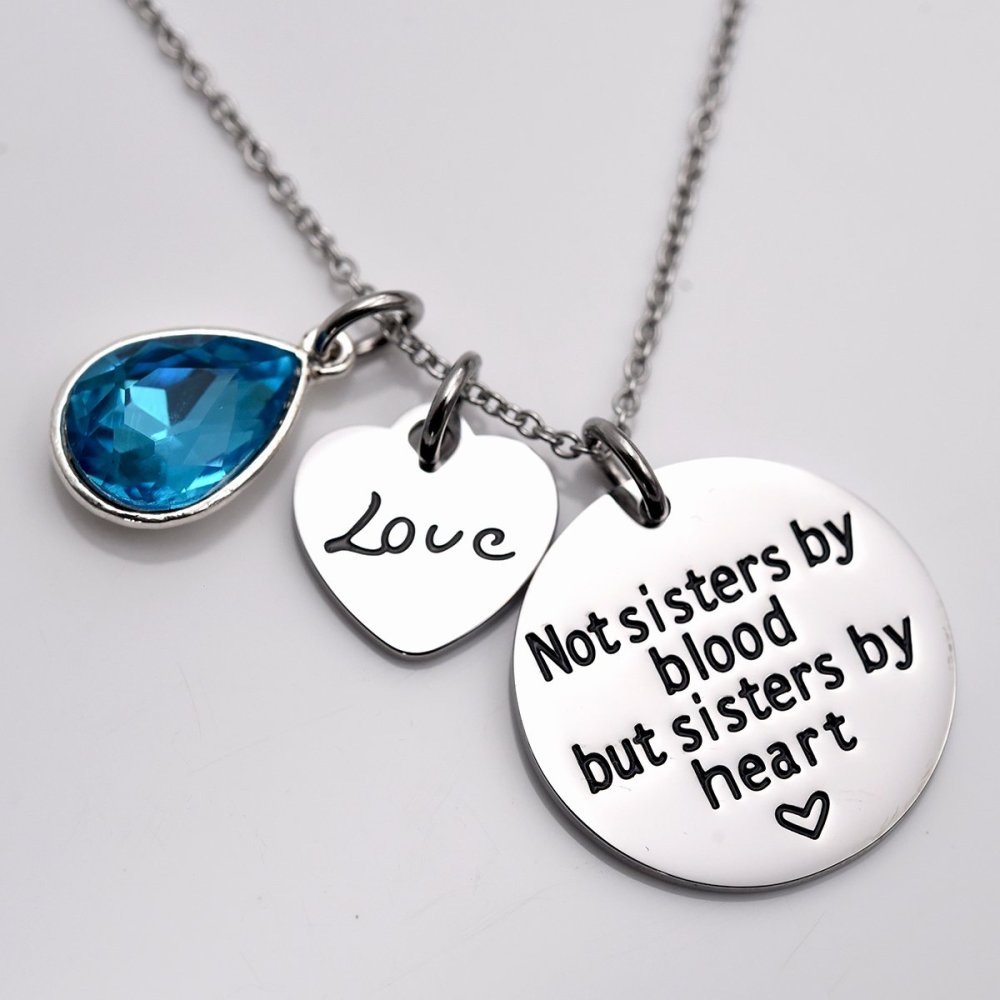LParkin Not Sister by Blood But Sisters by Heart Necklace Birthstone Heart Necklace