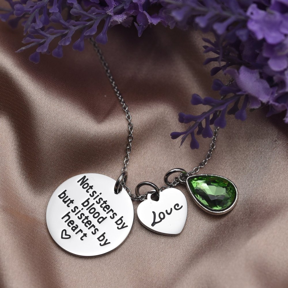LParkin Not Sister by Blood But Sisters by Heart Necklace Birthstone Heart Necklace