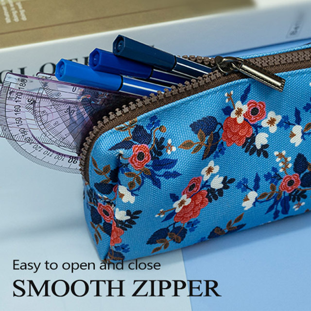 LParkin Birch Floral Canvas Pencil Case for Girls Teacher Gift Flower Pen Bag Gadget Pouch Stationary Case Makeup Cosmetic Bag Box (Blue)