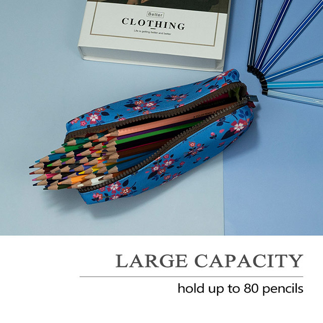 Floral Zipper Pouch Pencil Case for Girls Teacher Gift Flower Students Canvas Pen Bag Gadget Pouch Box Stationary Case Makeup Cosmetic Bag (Blue)