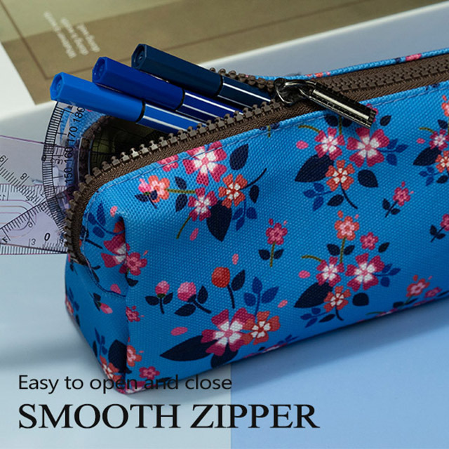 Floral Zipper Pouch Pencil Case for Girls Teacher Gift Flower Students Canvas Pen Bag Gadget Pouch Box Stationary Case Makeup Cosmetic Bag (Blue)