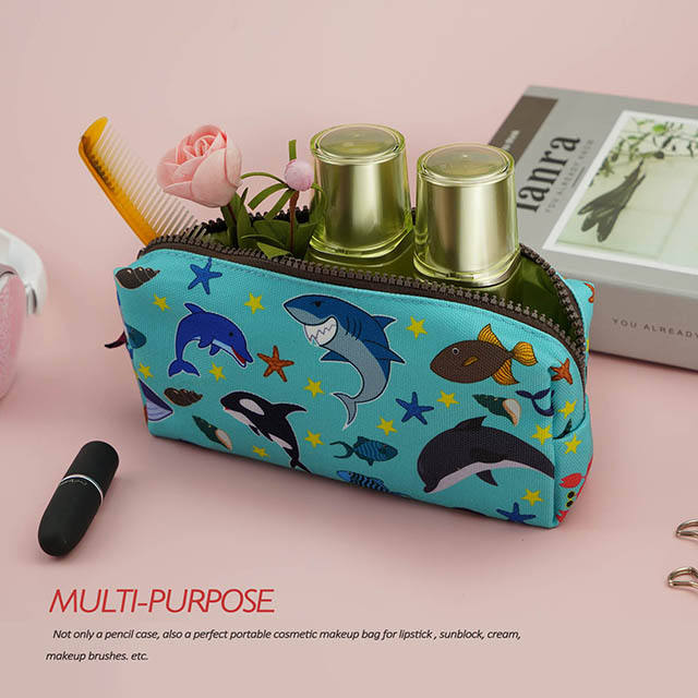 LParkin Sea Life Dolphin Shark Canvas Pencil Case Pen Bag Pouch Stationary Case Makeup Cosmetic Bag Gadget Box
