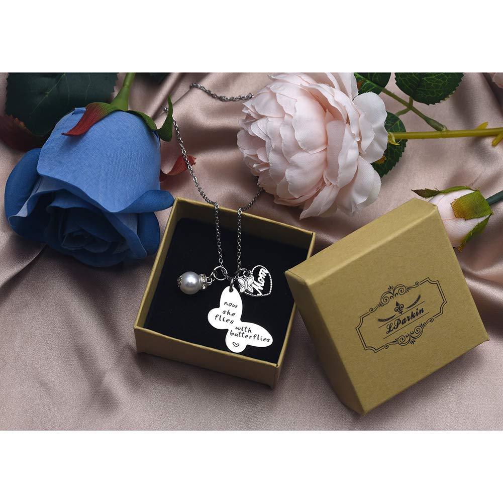 LParkin Sympathy Gift Butterfly Necklace Now She Flies with Butterflies Memory Necklace in Memory of Necklaces Remembrance Gift for Loss of a Loved On