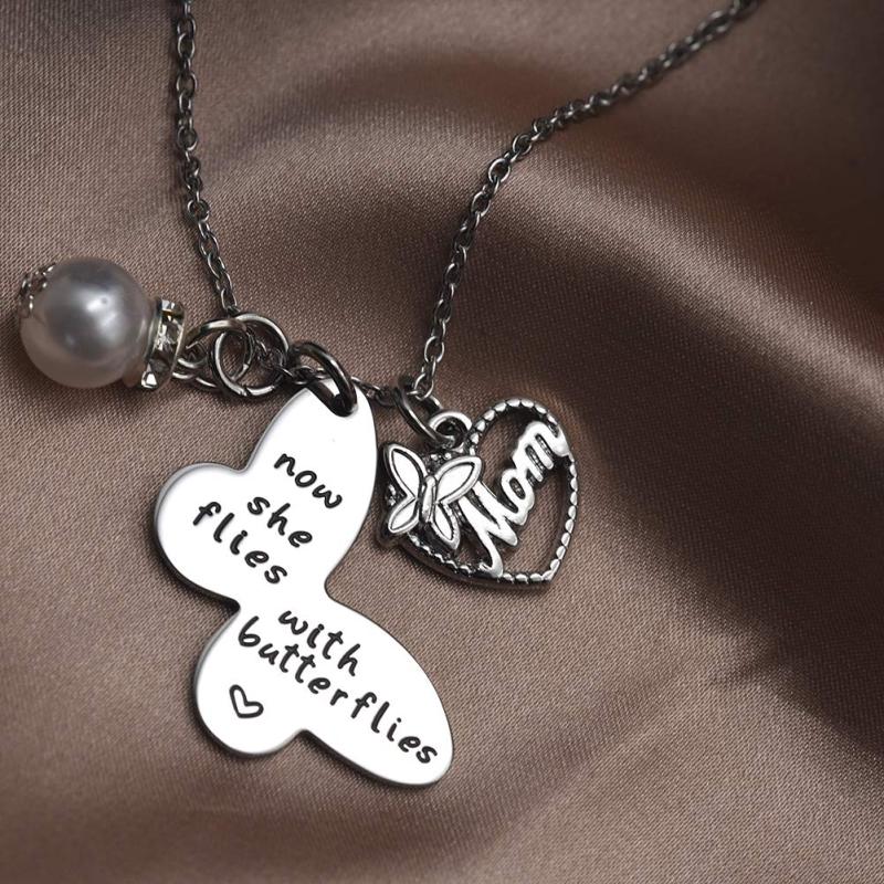 LParkin Sympathy Gift Butterfly Necklace Now She Flies with Butterflies Memory Necklace in Memory of Necklaces Remembrance Gift for Loss of a Loved On