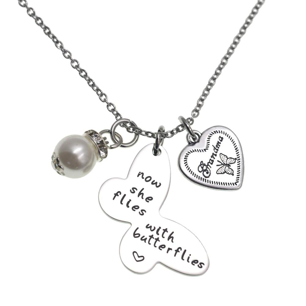 LParkin Sympathy Gift Butterfly Necklace Now She Flies with Butterflies Memory Necklace in Memory of Necklaces Remembrance Gift for Loss of a Loved On
