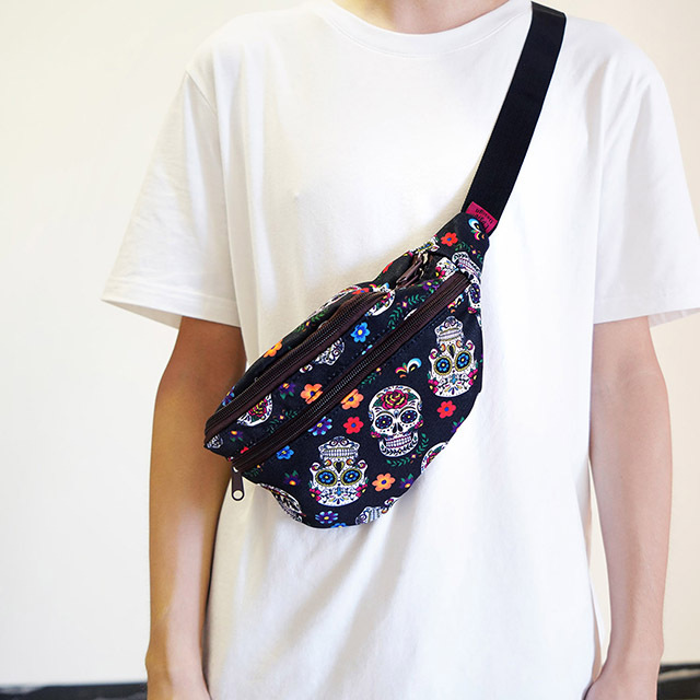 Sugar Skull Gift Bag Fanny Pack Hip Waist Canvas Bum Belt Hip Pouch Bags