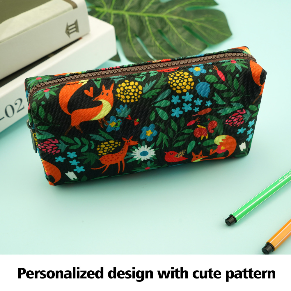 LParkin Woodland Animals Fox Canvas Pencil Case for Girls Fabric Zipper Pouch Gift For Friends Red Fox Zipper Pouch Gadget Bag Make Up Case Cosmetic