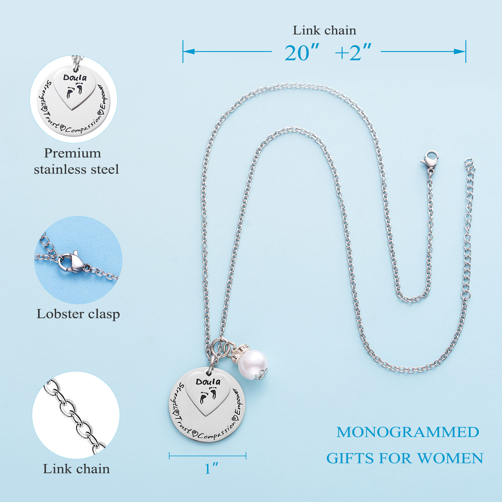 LParkin Doula Neckace Doula Gift Midwife New Baby Present Monogrammed Strength Trust Compassion Empower Doula Gift Midwife Pregnancy