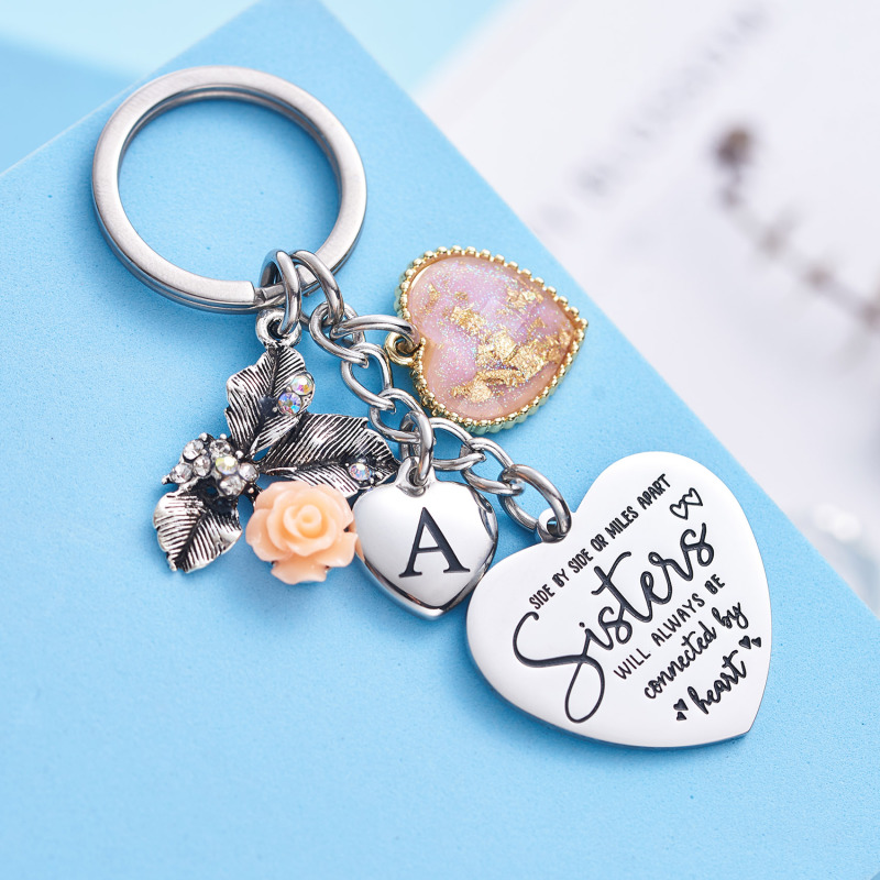 Sister Gifts from Sisters Initial Letter Keychain A-Z  Long Distance Relationships Keychains Birthday Gift for Sister