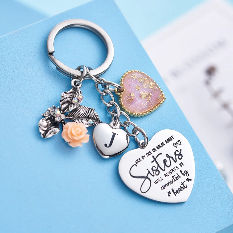Sister Gifts from Sisters Initial Letter Keychain A-Z  Long Distance Relationships Keychains Birthday Gift for Sister