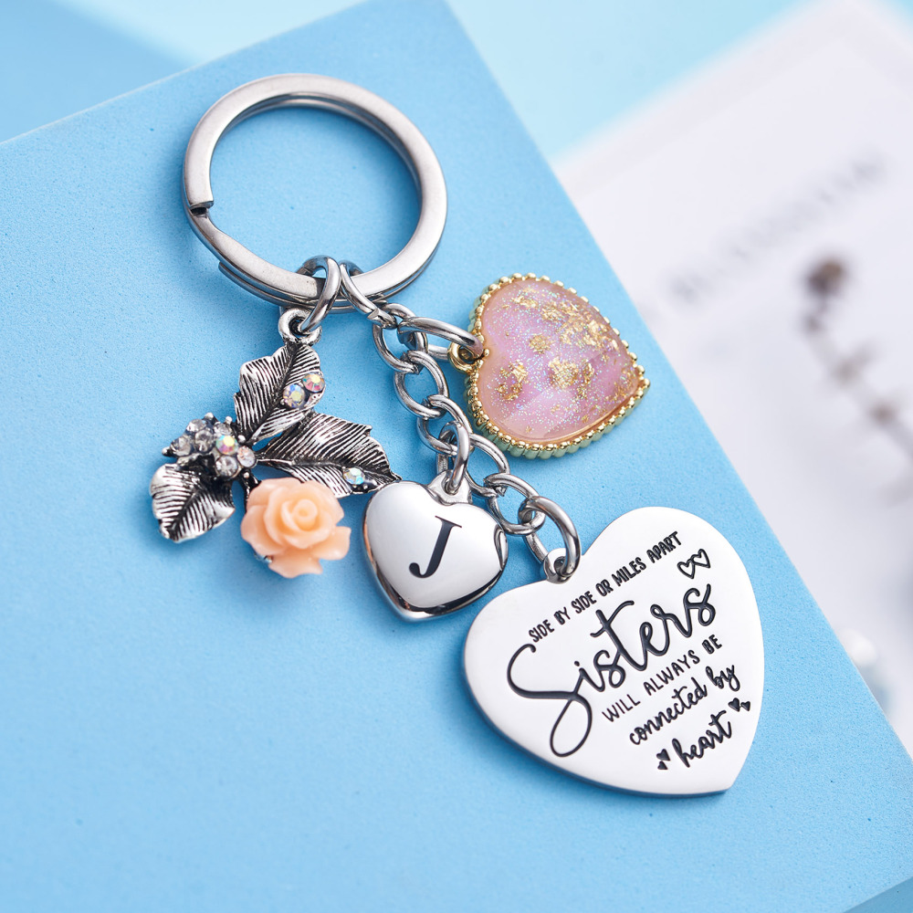 Sister Gifts from Sisters Initial Letter Keychain A-Z  Long Distance Relationships Keychains Birthday Gift for Sister