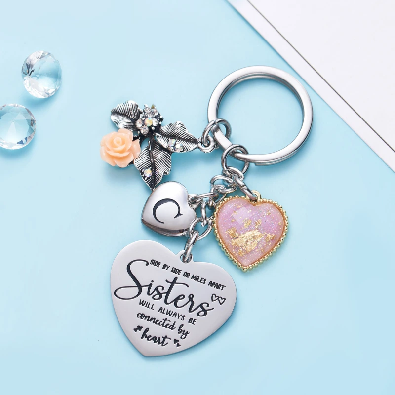 Sister Gifts from Sisters Initial Letter Keychain A-Z  Long Distance Relationships Keychains Birthday Gift for Sister
