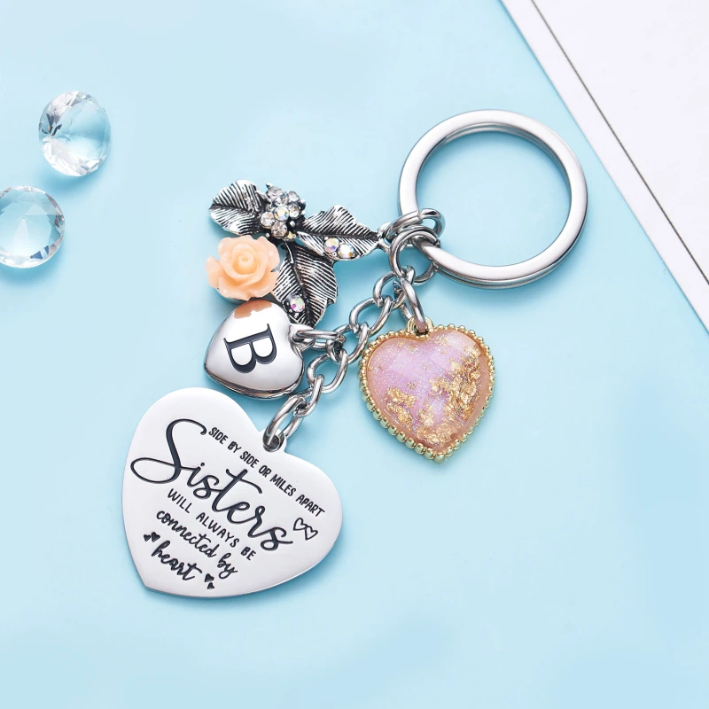 Sister Gifts from Sisters Initial Letter Keychain A-Z  Long Distance Relationships Keychains Birthday Gift for Sister