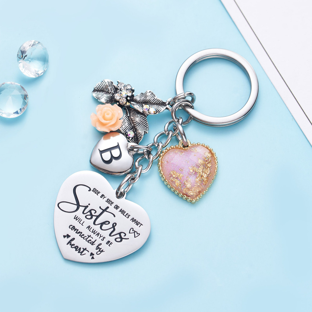 Sister Gifts from Sisters Initial Letter Keychain A-Z  Long Distance Relationships Keychains Birthday Gift for Sister