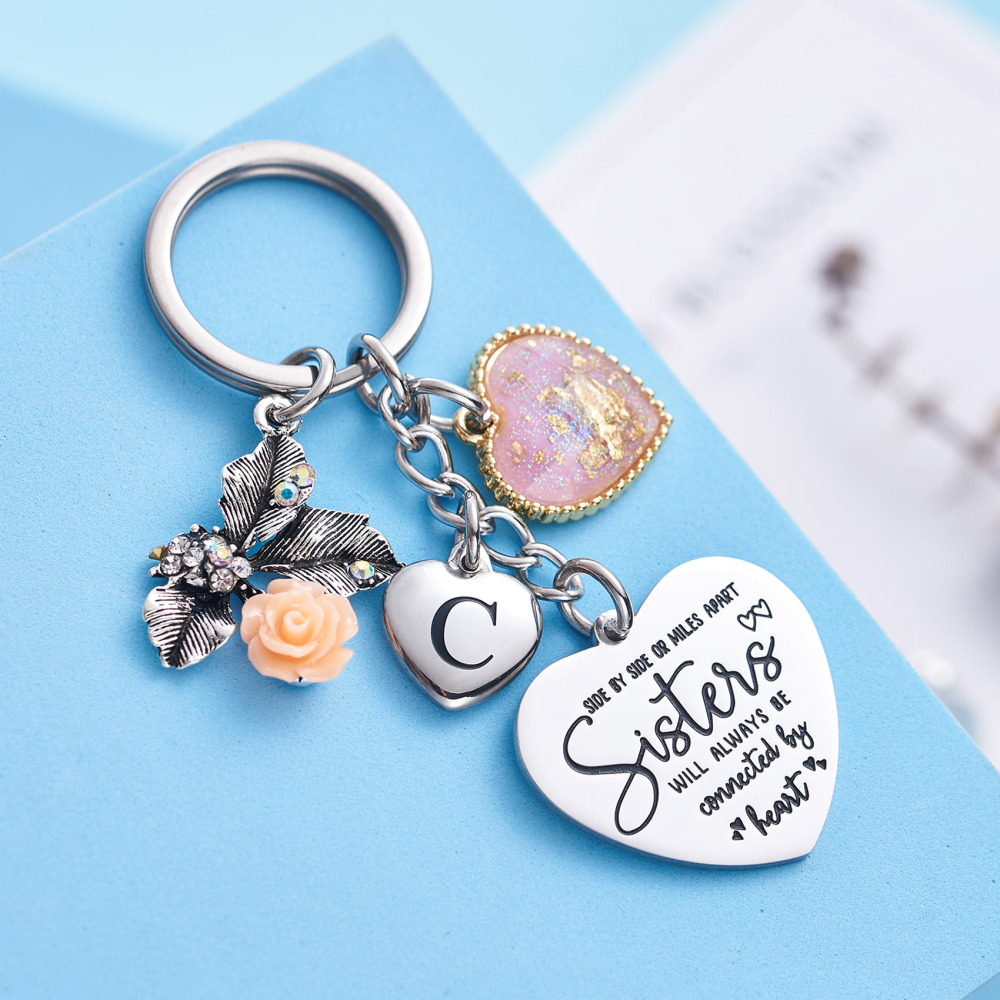 Sister Gifts from Sisters Initial Letter Keychain A-Z  Long Distance Relationships Keychains Birthday Gift for Sister