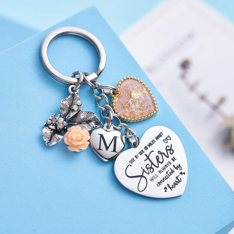 Sister Gifts from Sisters Initial Letter Keychain A-Z  Long Distance Relationships Keychains Birthday Gift for Sister