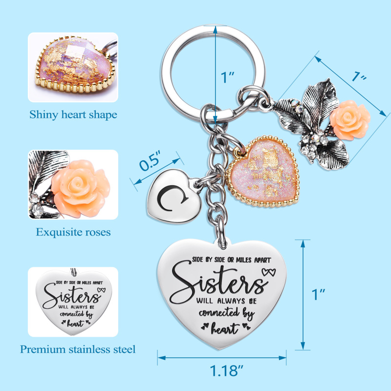 Sister Gifts from Sisters Initial Letter Keychain A-Z  Long Distance Relationships Keychains Birthday Gift for Sister