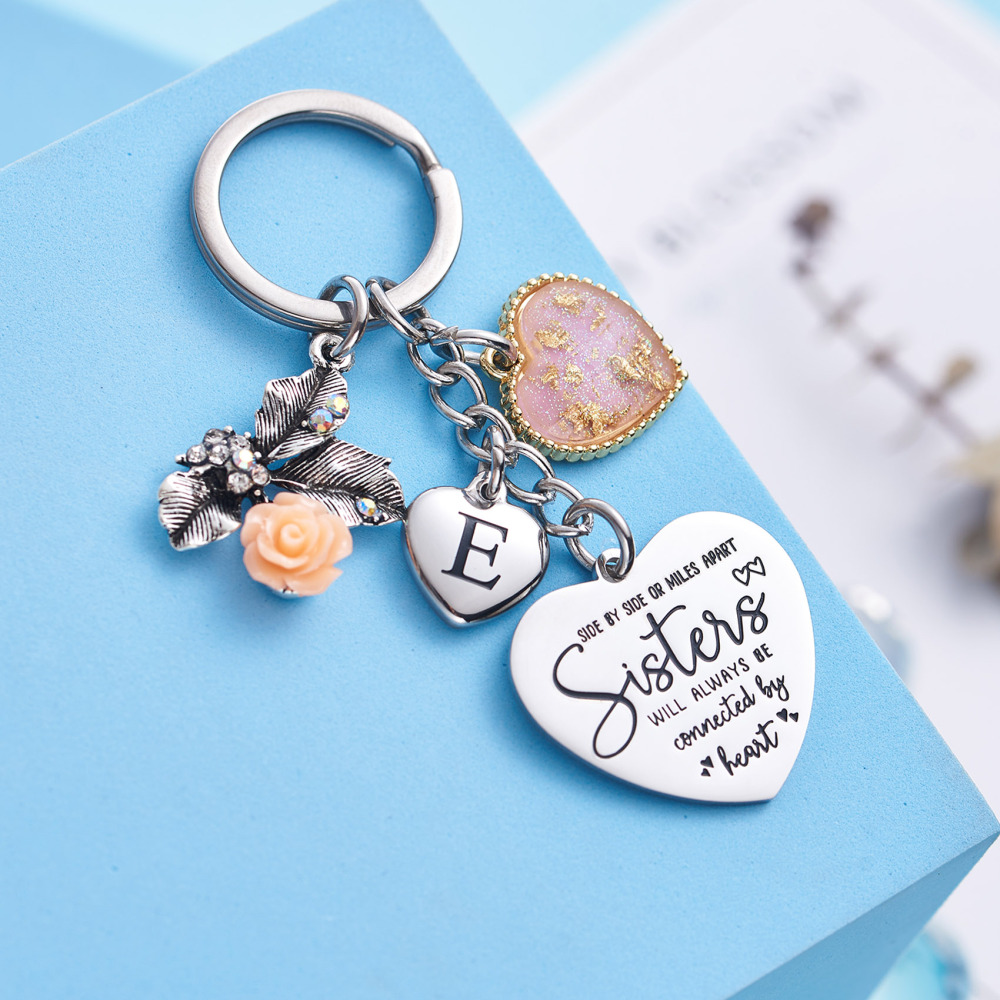 Sister Gifts from Sisters Initial Letter Keychain A-Z  Long Distance Relationships Keychains Birthday Gift for Sister