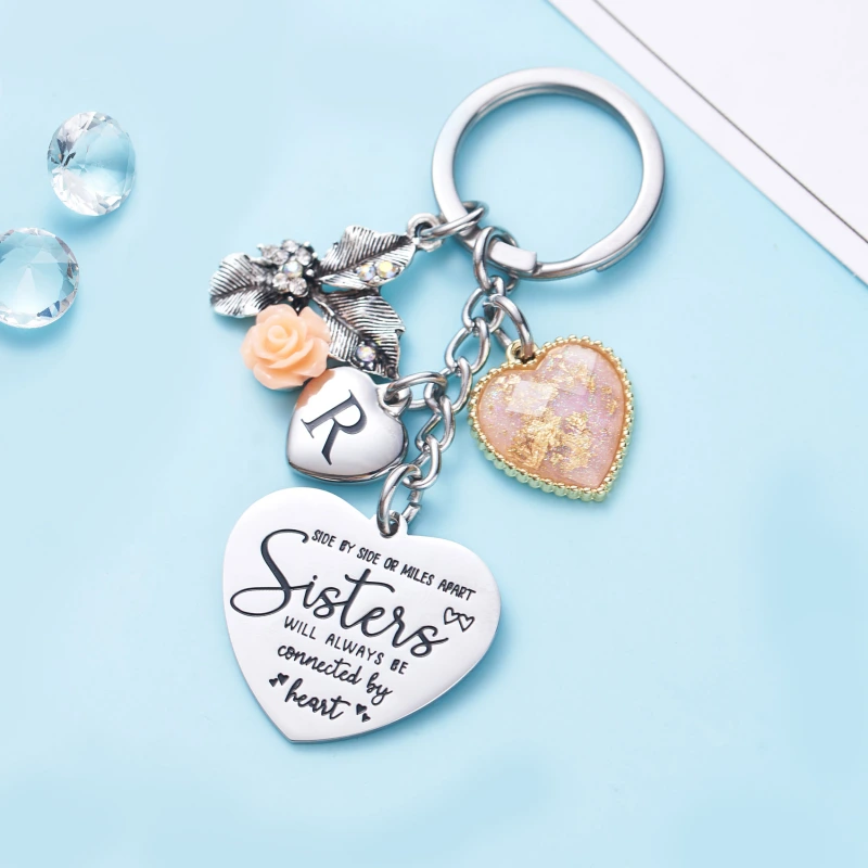 Sister Gifts from Sisters Initial Letter Keychain A-Z  Long Distance Relationships Keychains Birthday Gift for Sister