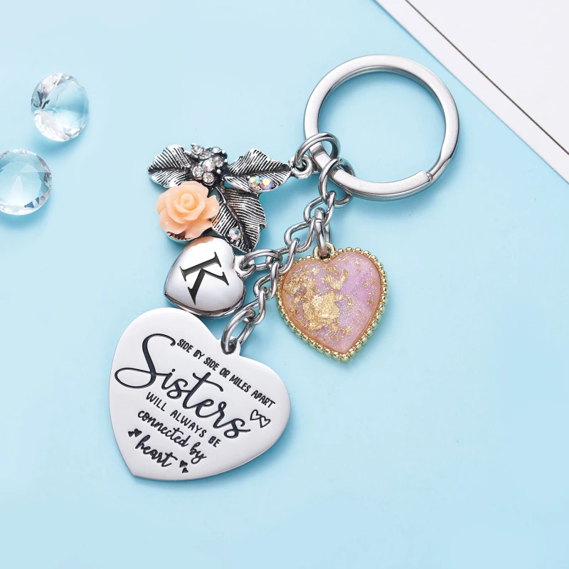 Sister Gifts from Sisters Initial Letter Keychain A-Z  Long Distance Relationships Keychains Birthday Gift for Sister