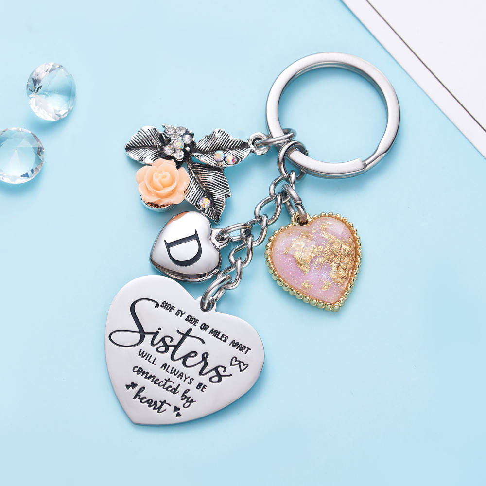 Sister Gifts from Sisters Initial Letter Keychain A-Z  Long Distance Relationships Keychains Birthday Gift for Sister
