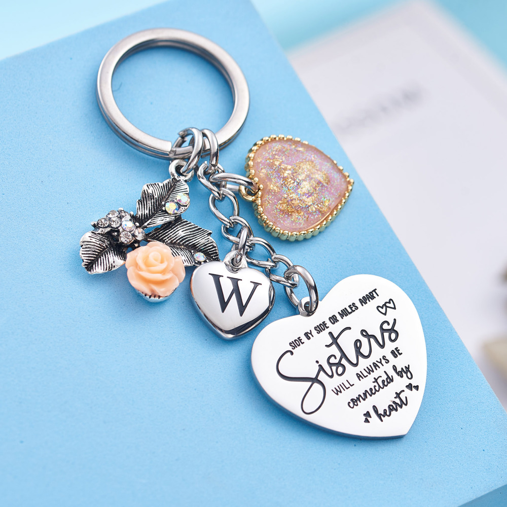Sister Gifts from Sisters Initial Letter Keychain A-Z  Long Distance Relationships Keychains Birthday Gift for Sister