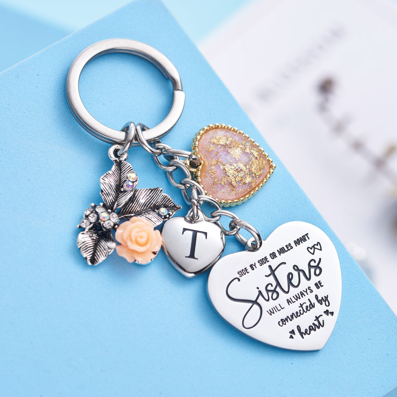 Sister Gifts from Sisters Initial Letter Keychain A-Z  Long Distance Relationships Keychains Birthday Gift for Sister