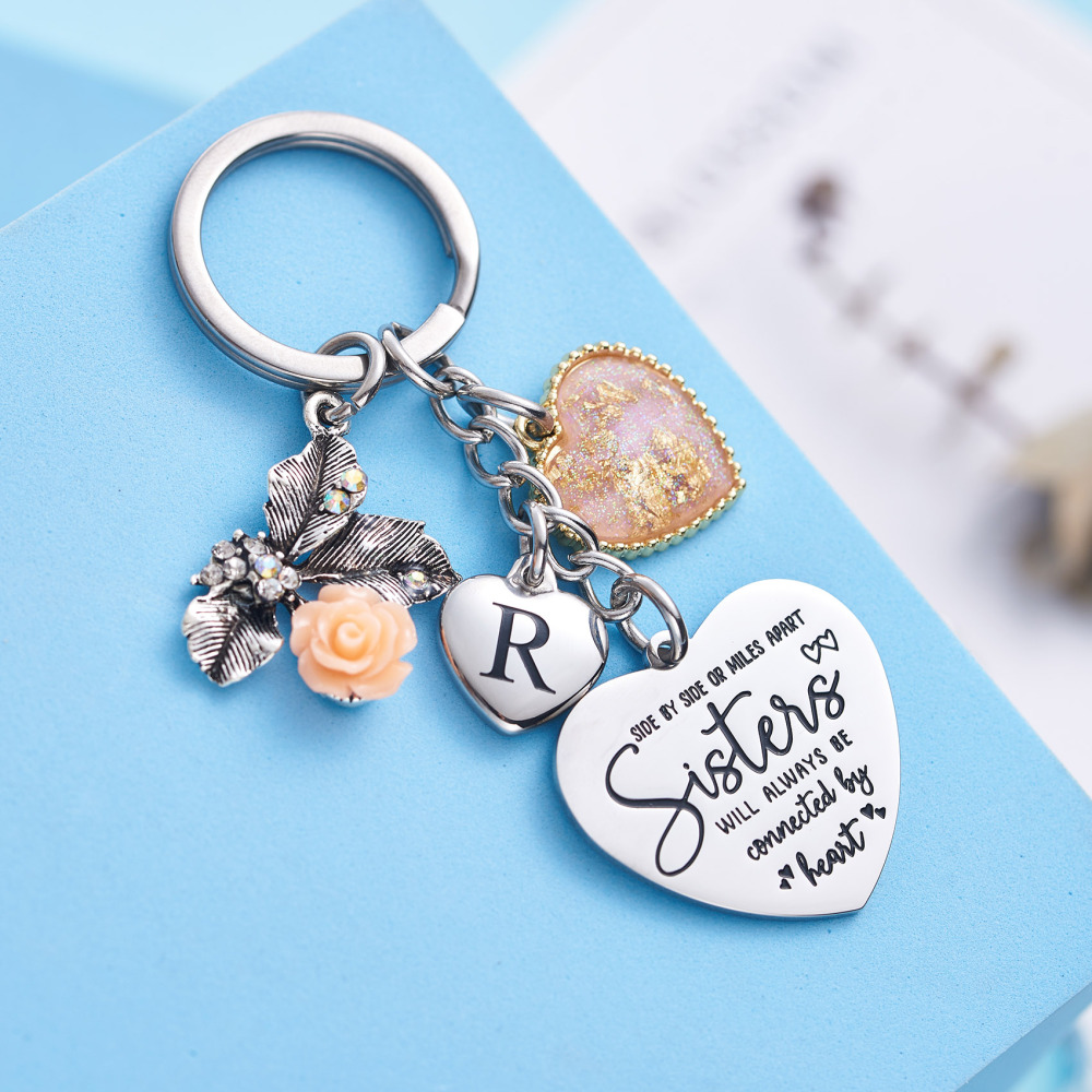 Sister Gifts from Sisters Initial Letter Keychain A-Z  Long Distance Relationships Keychains Birthday Gift for Sister