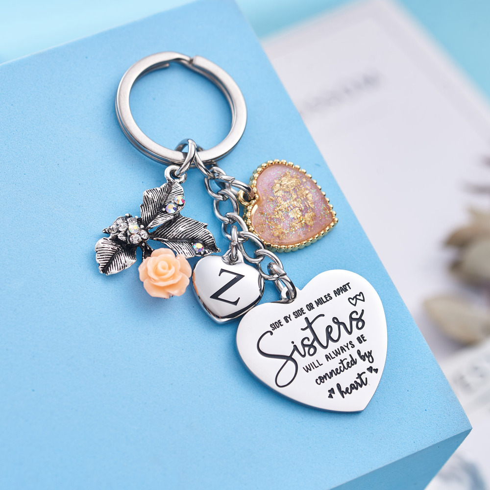 Sister Gifts from Sisters Initial Letter Keychain A-Z  Long Distance Relationships Keychains Birthday Gift for Sister