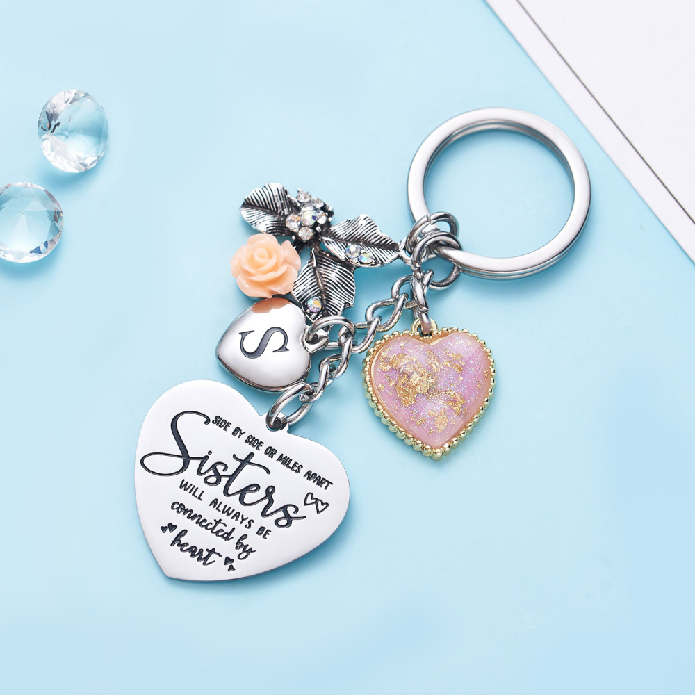 Sister Gifts from Sisters Initial Letter Keychain A-Z  Long Distance Relationships Keychains Birthday Gift for Sister