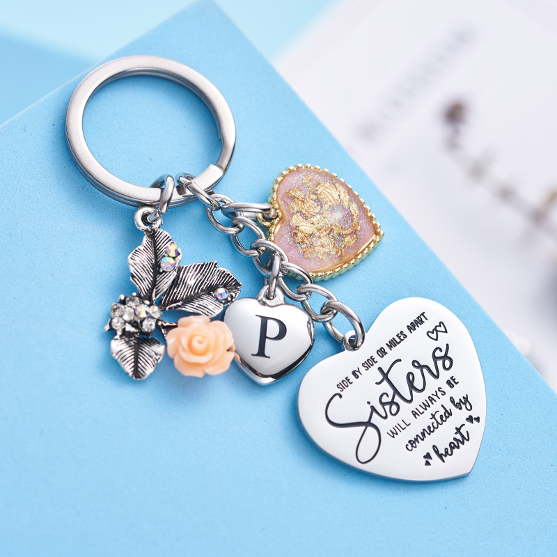 Sister Gifts from Sisters Initial Letter Keychain A-Z  Long Distance Relationships Keychains Birthday Gift for Sister