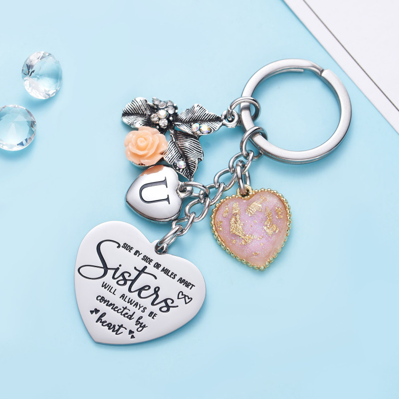 Sister Gifts from Sisters Initial Letter Keychain A-Z  Long Distance Relationships Keychains Birthday Gift for Sister