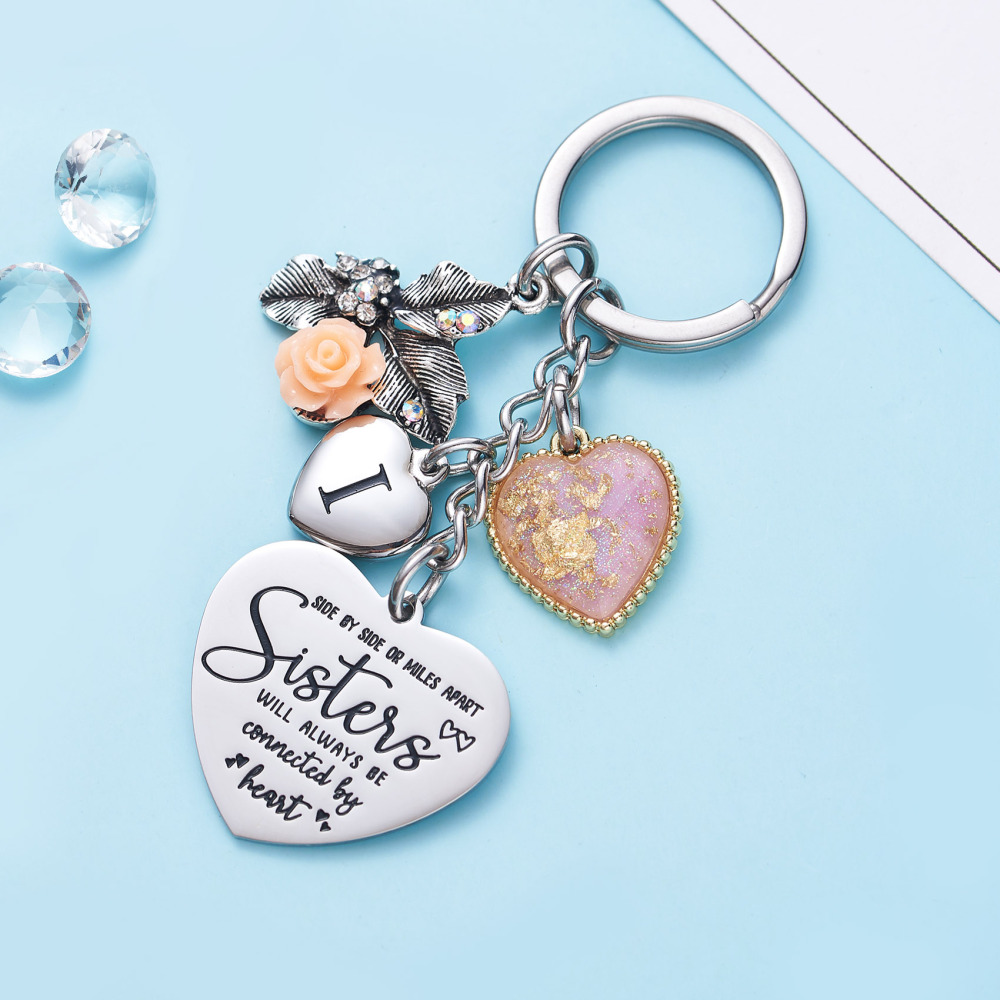 Sister Gifts from Sisters Initial Letter Keychain A-Z  Long Distance Relationships Keychains Birthday Gift for Sister