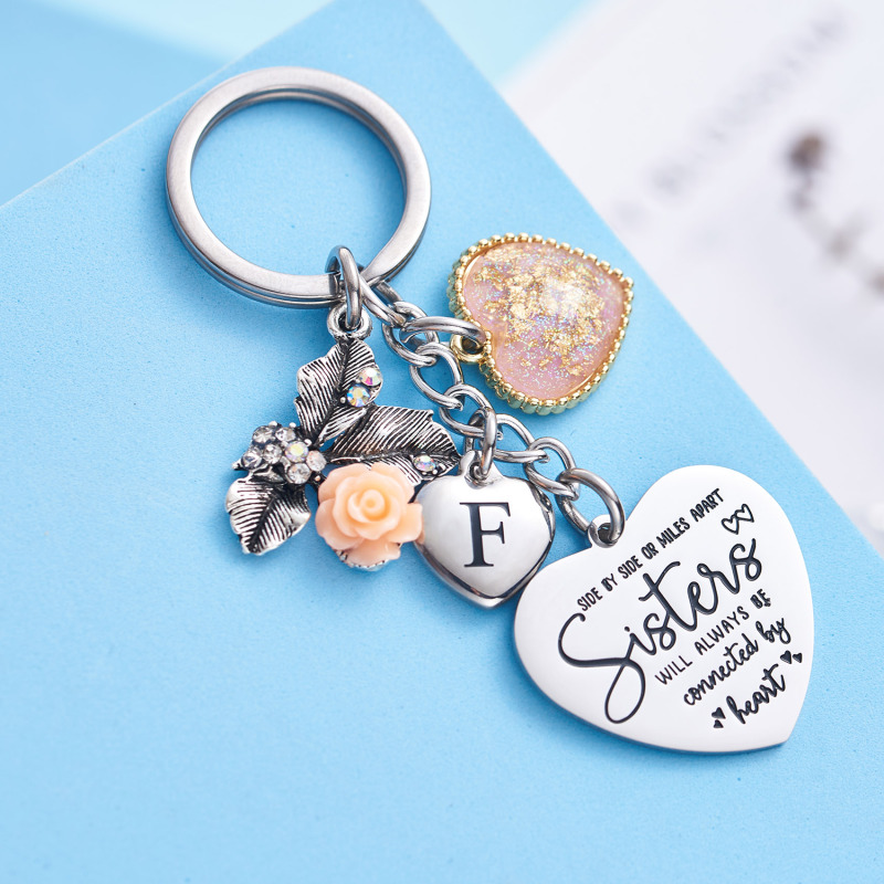 Sister Gifts from Sisters Initial Letter Keychain A-Z  Long Distance Relationships Keychains Birthday Gift for Sister