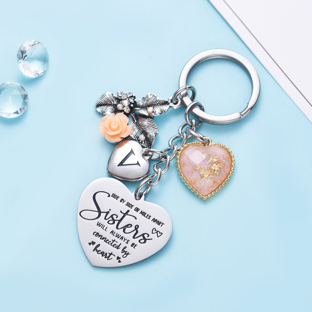Sister Gifts from Sisters Initial Letter Keychain A-Z  Long Distance Relationships Keychains Birthday Gift for Sister