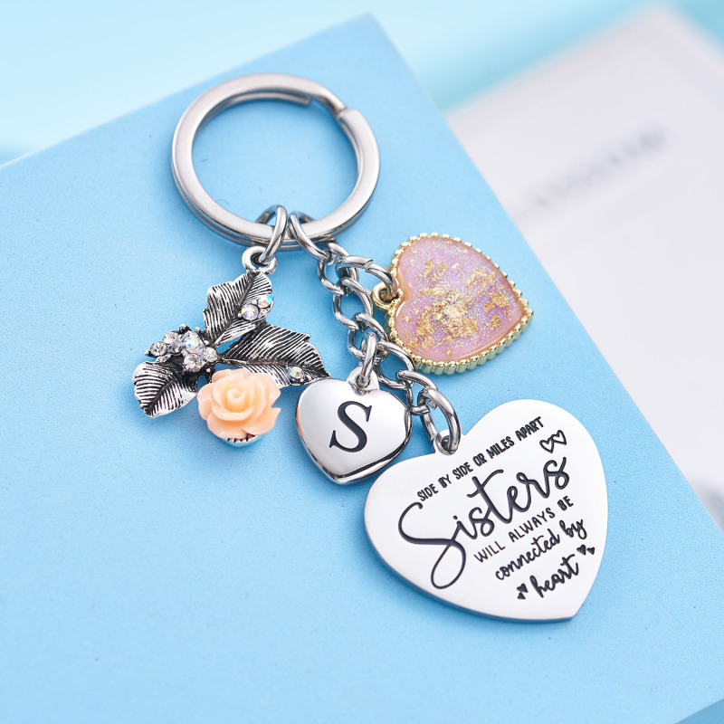 Sister Gifts from Sisters Initial Letter Keychain A-Z  Long Distance Relationships Keychains Birthday Gift for Sister