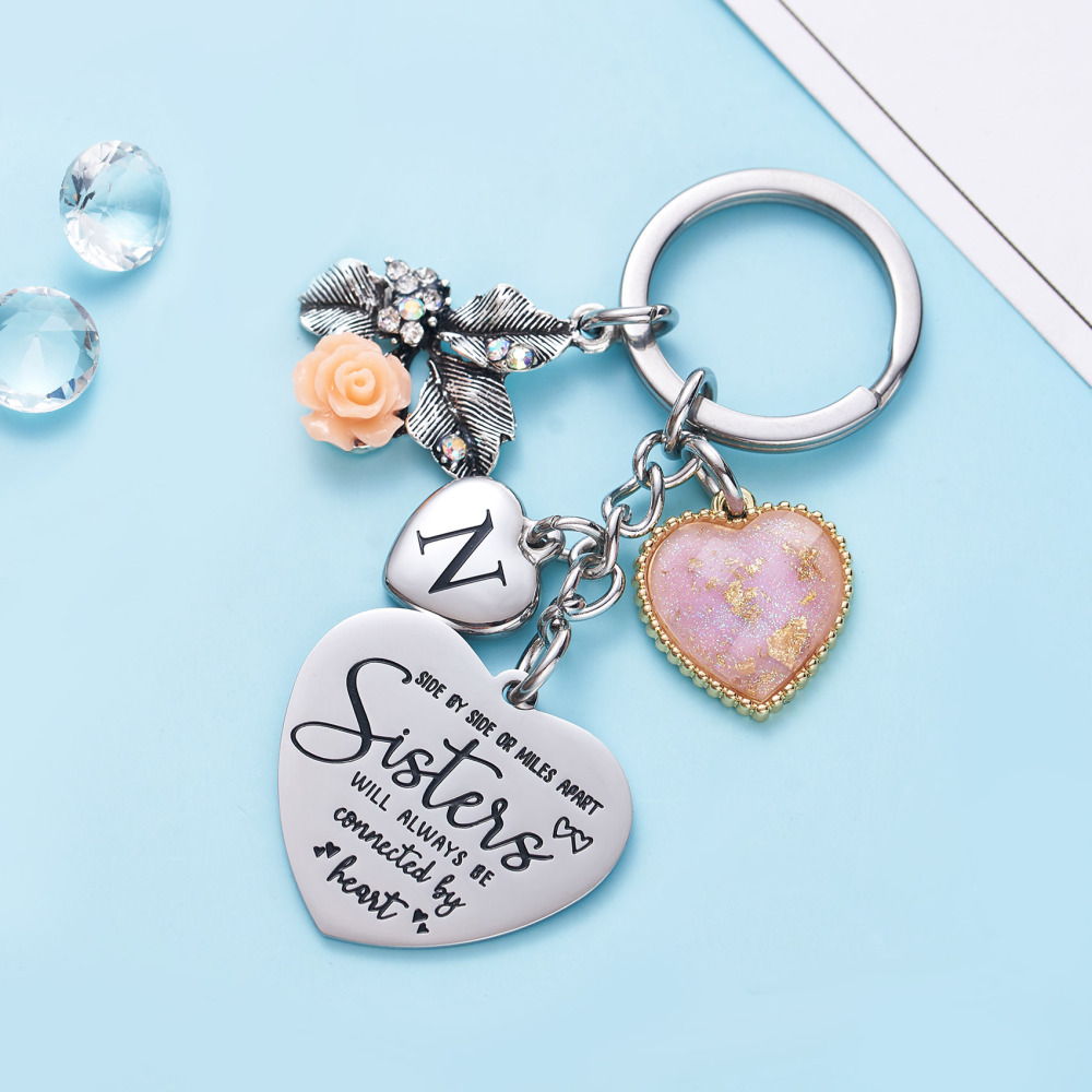 Sister Gifts from Sisters Initial Letter Keychain A-Z  Long Distance Relationships Keychains Birthday Gift for Sister