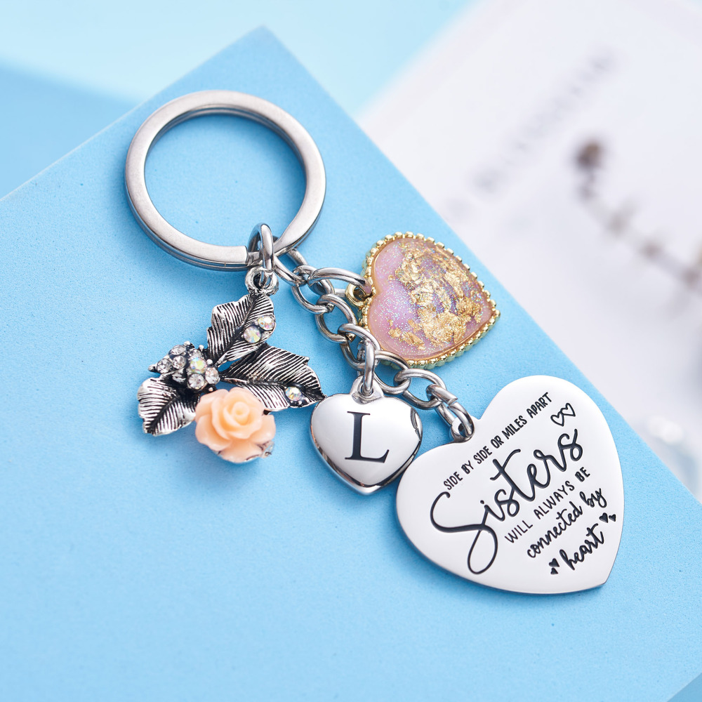 Sister Gifts from Sisters Initial Letter Keychain A-Z  Long Distance Relationships Keychains Birthday Gift for Sister