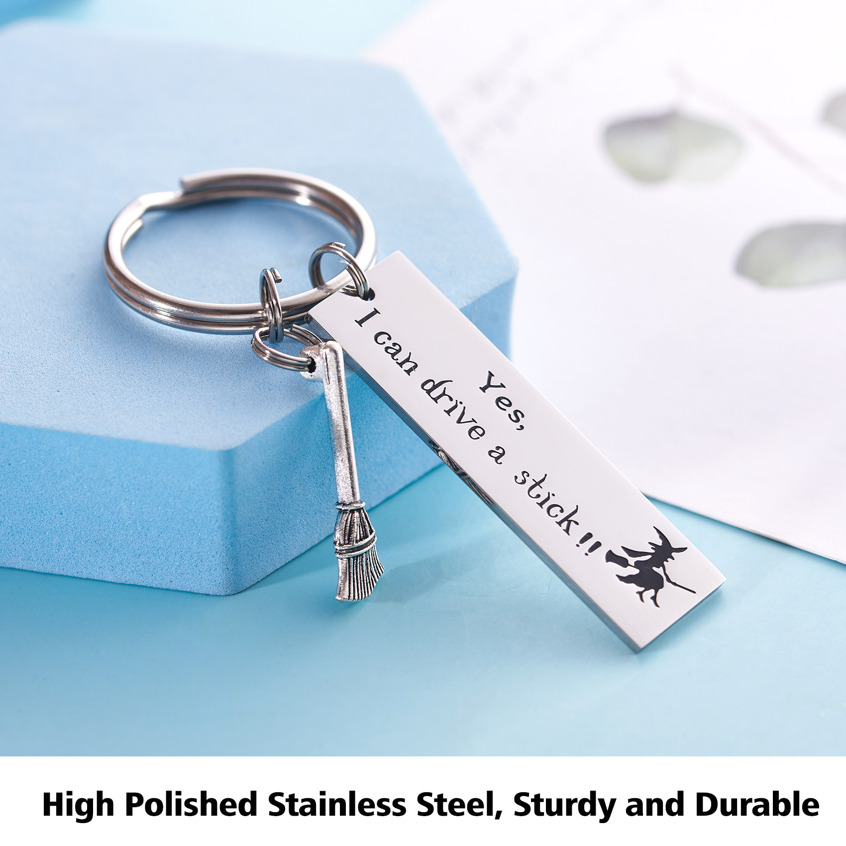 LParkin Halloween Funny Sarcasm Gift Yes I Can Drive a Stick Witch Gag Gift Stainless Steel Keychain Keyring Polished Finish