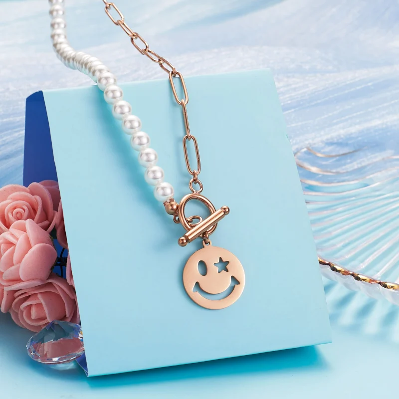 Smiley Face Necklaces Paper Clip Necklace Pearl Link Chain 18K Rose Gold Stainless Steel Girlfriend Friendship Sister Gifts Jewelry for Women