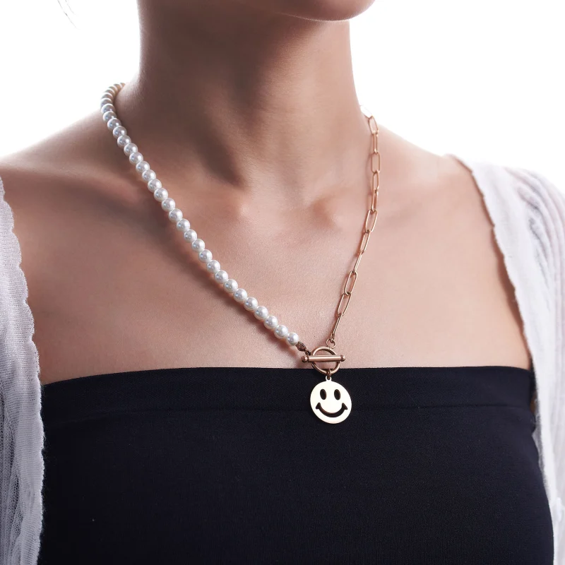 Smiley Face Necklaces Paper Clip Necklace Pearl Link Chain 18K Rose Gold Stainless Steel Girlfriend Friendship Sister Gifts Jewelry for Women