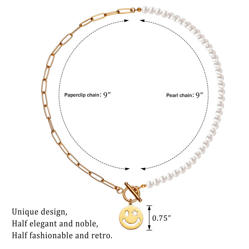 Smiley Face Necklaces Paper Clip Necklace Pearl Link Chain 18K Rose Gold Stainless Steel Girlfriend Friendship Sister Gifts Jewelry for Women